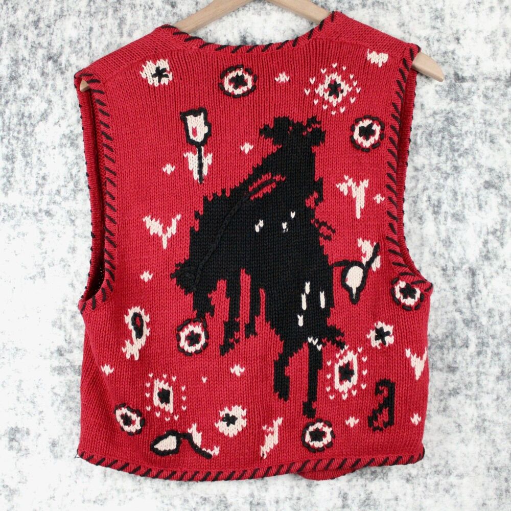 Vintage Sharon Young Womens M Vest Western Cowgirl Red Embroidered 90s